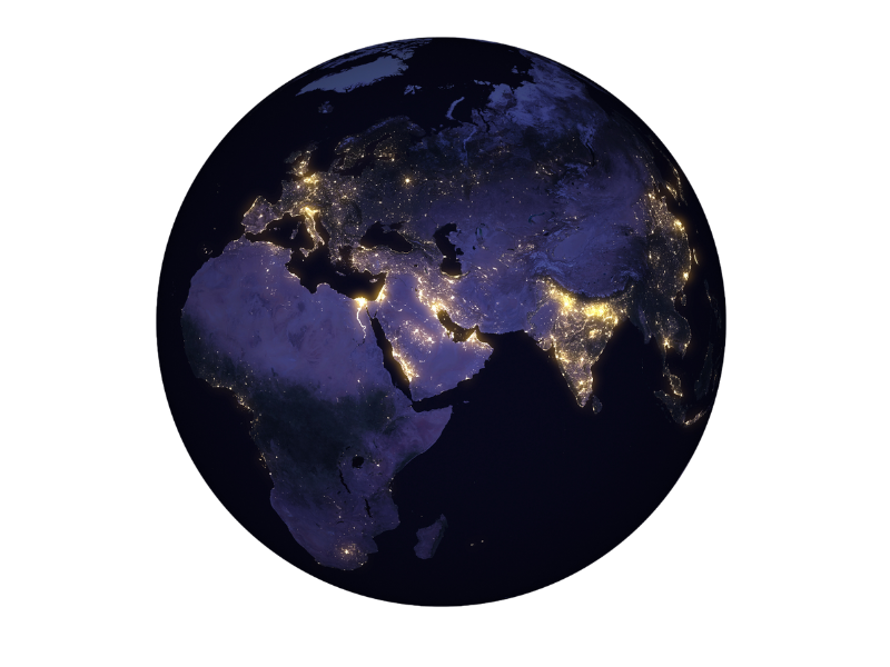 Earth during the night. Lights shine in various countries.