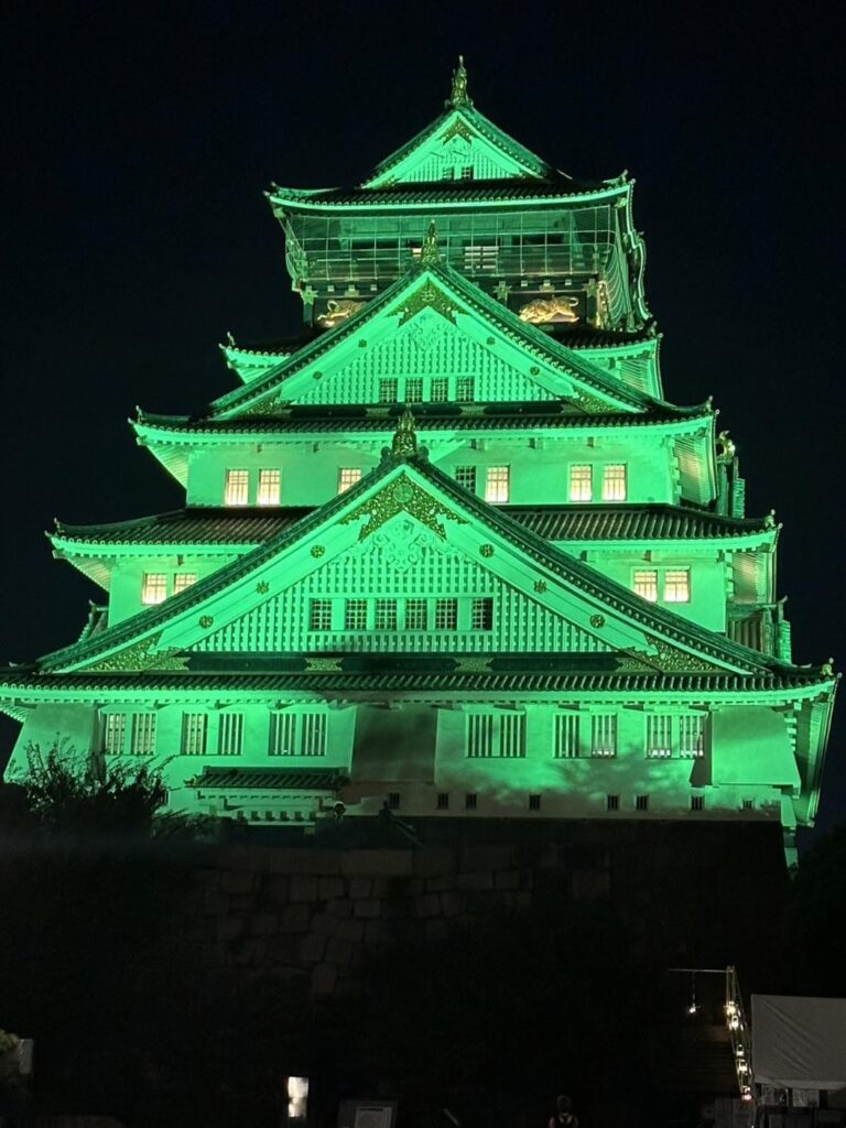 Osaka castle illuminated green at night