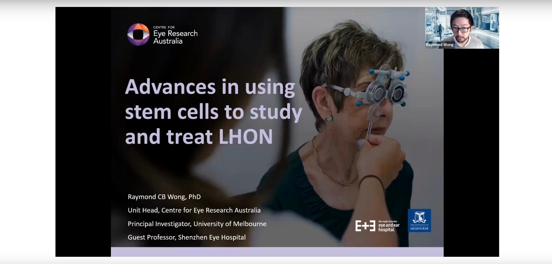'Advances in using stem cells to study and treat LHON' slide from the 2022 webinar. An image of Associate Professor Wong is displayed in the right corner of the screen