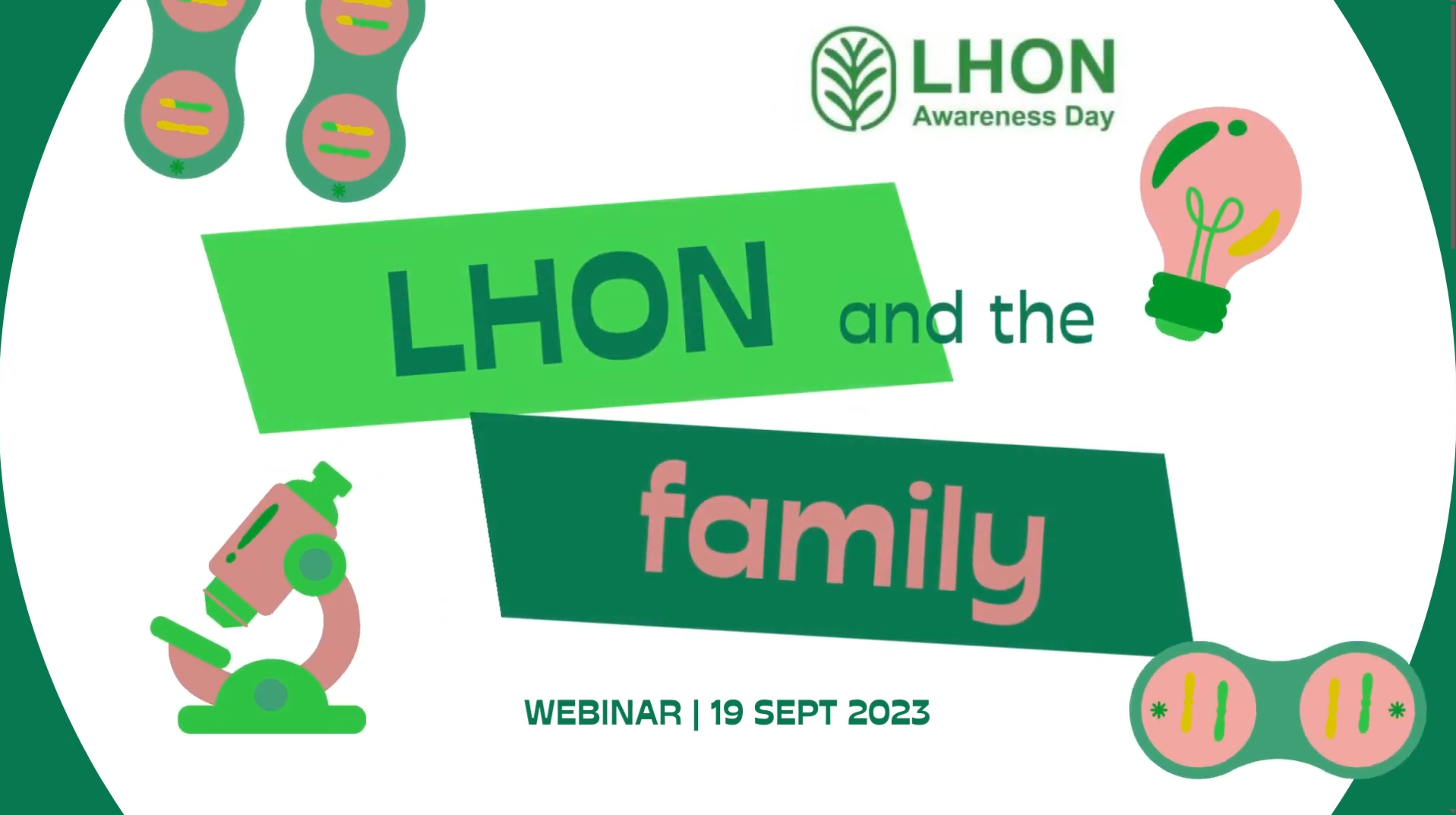 'LHON and the family' 2023 webinar poster with green and pink icons of cells, light bulb and microscope