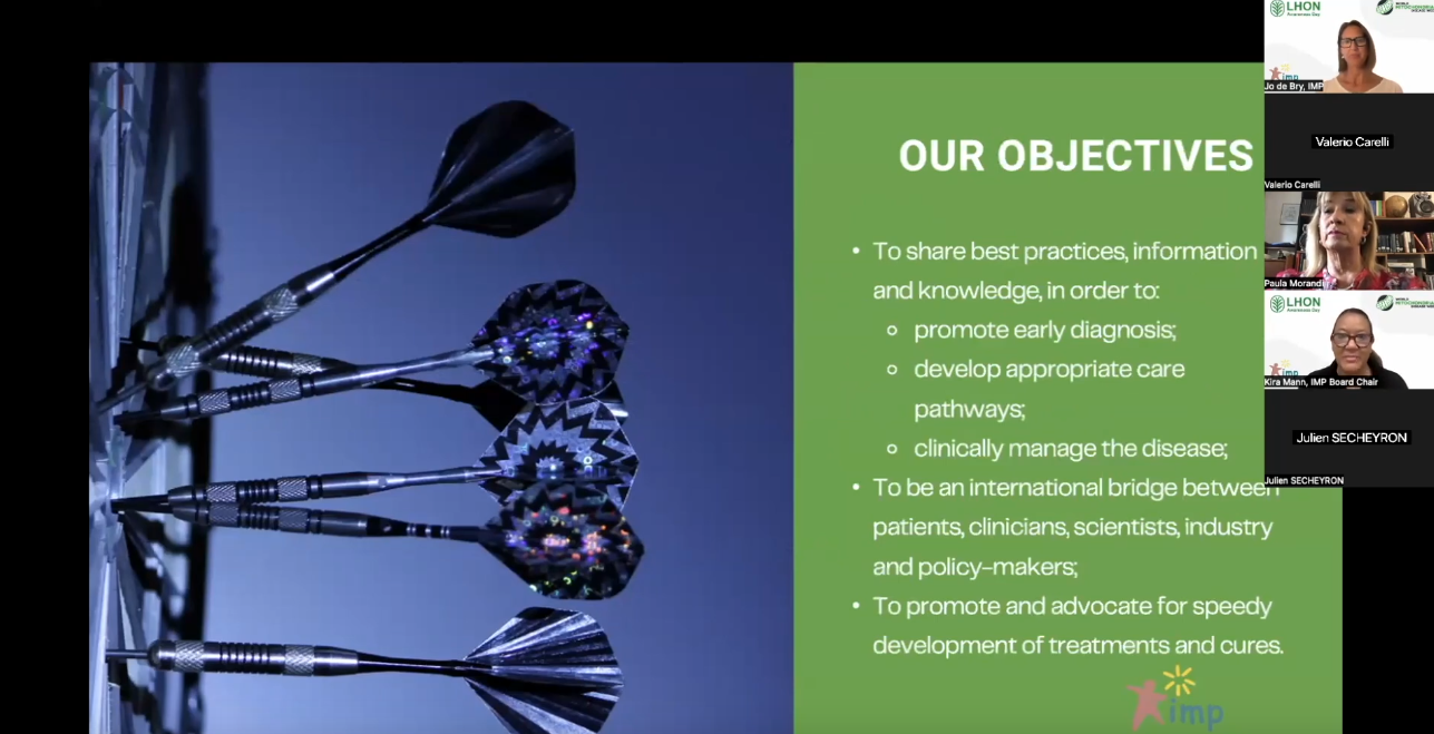  'Our Objectives' slide from the 2024 webinar. Representatives from mito related organisations are shown on the right side of the screen