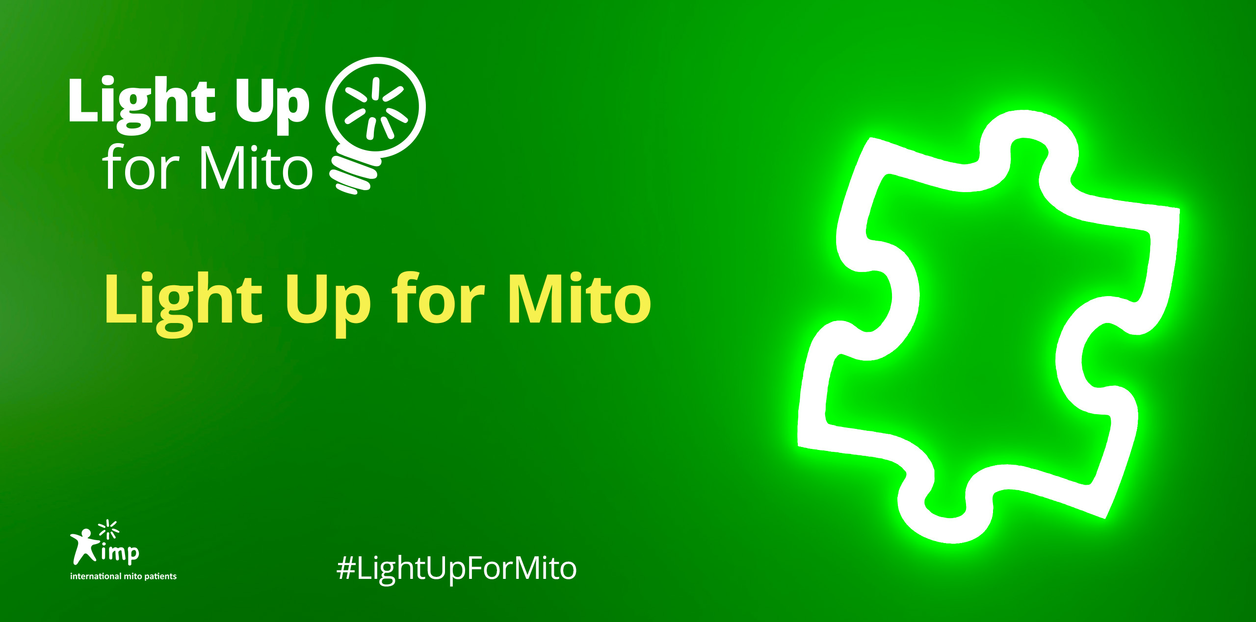 Green 'Light up for mito' banner with an illuminated image of a puzzle