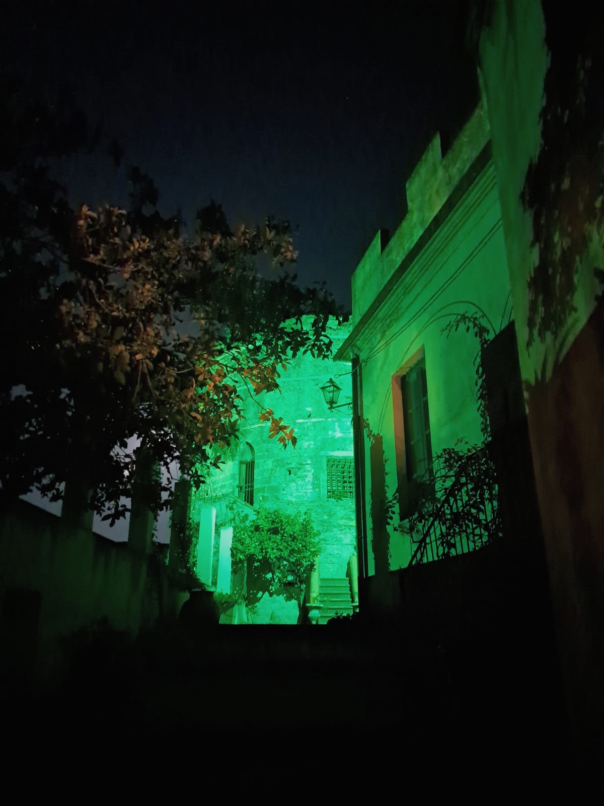 A short medieval tower and a building next to it lit in mito green