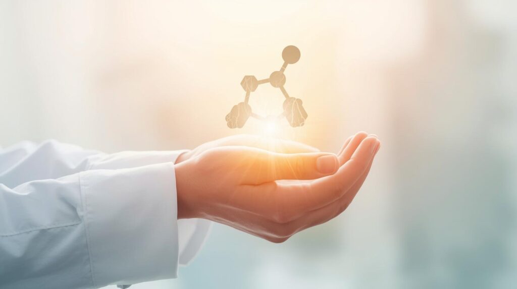 Scientist hands holding chemical compound bathed in light