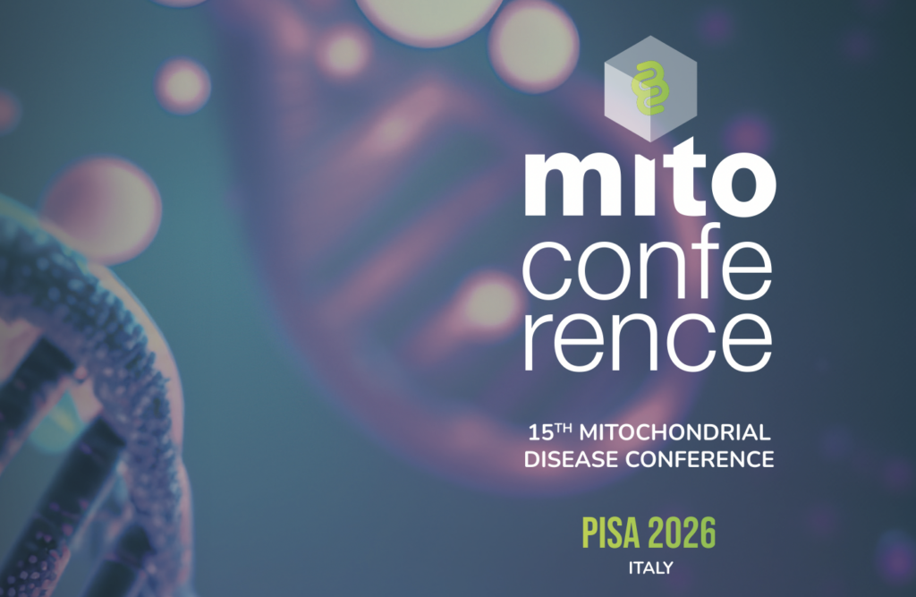 Image showing abstract elements of DNA structures. Text over these images reads 'Mito Conference; 15th mitochondrial disease conference. Pisa 2026, Italy'. 