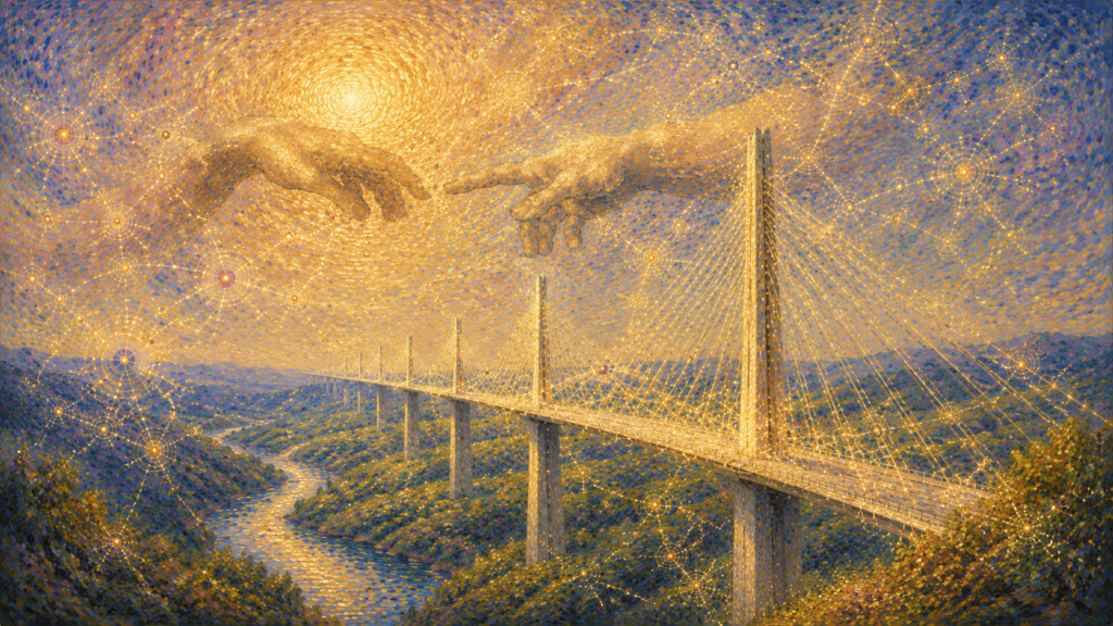 Image in a painted style showing Da Vinci's hands in the sky behind a long suspension bridge which recedes into the background. The landscape under the bridge shows a river receeding into the background and the rest of thelawdscape is wooded and slightly hilly. The sun is radiating energy across the image from the upper left corner. The entire image is tinted with energy from the golden hue and the bridge looks strong and spacious