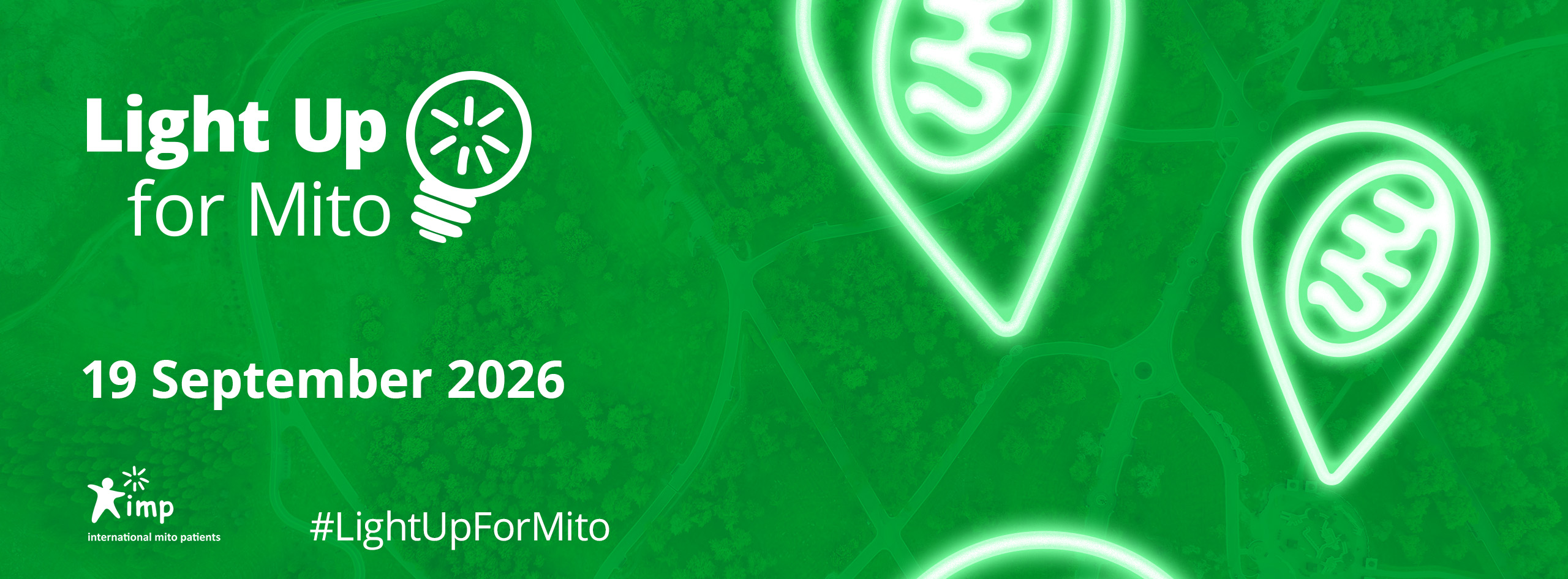 Green 'Light up for mito' banner with an illuminated images of map pins