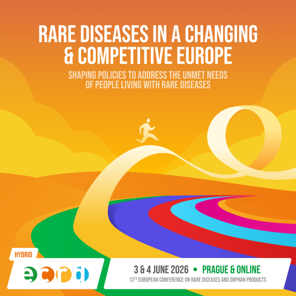 Image showing the text 'Rare diseases in a changing and competitive Europe'. There is the graphic of a person travelling down a ribbon road against a sky of orange.