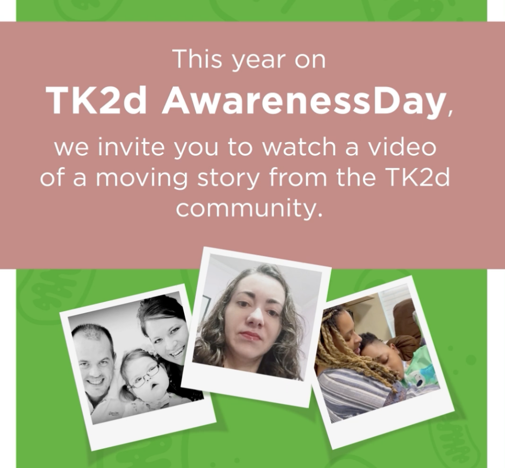 Image of a social media post for TK2d. It says in white font against a pink background 'This year on TK2d Awareness Day we invite you to watch a video of a moving story from the TK2d community'. Underneath the writing, there are three polaroid style photos of people featured in the video.